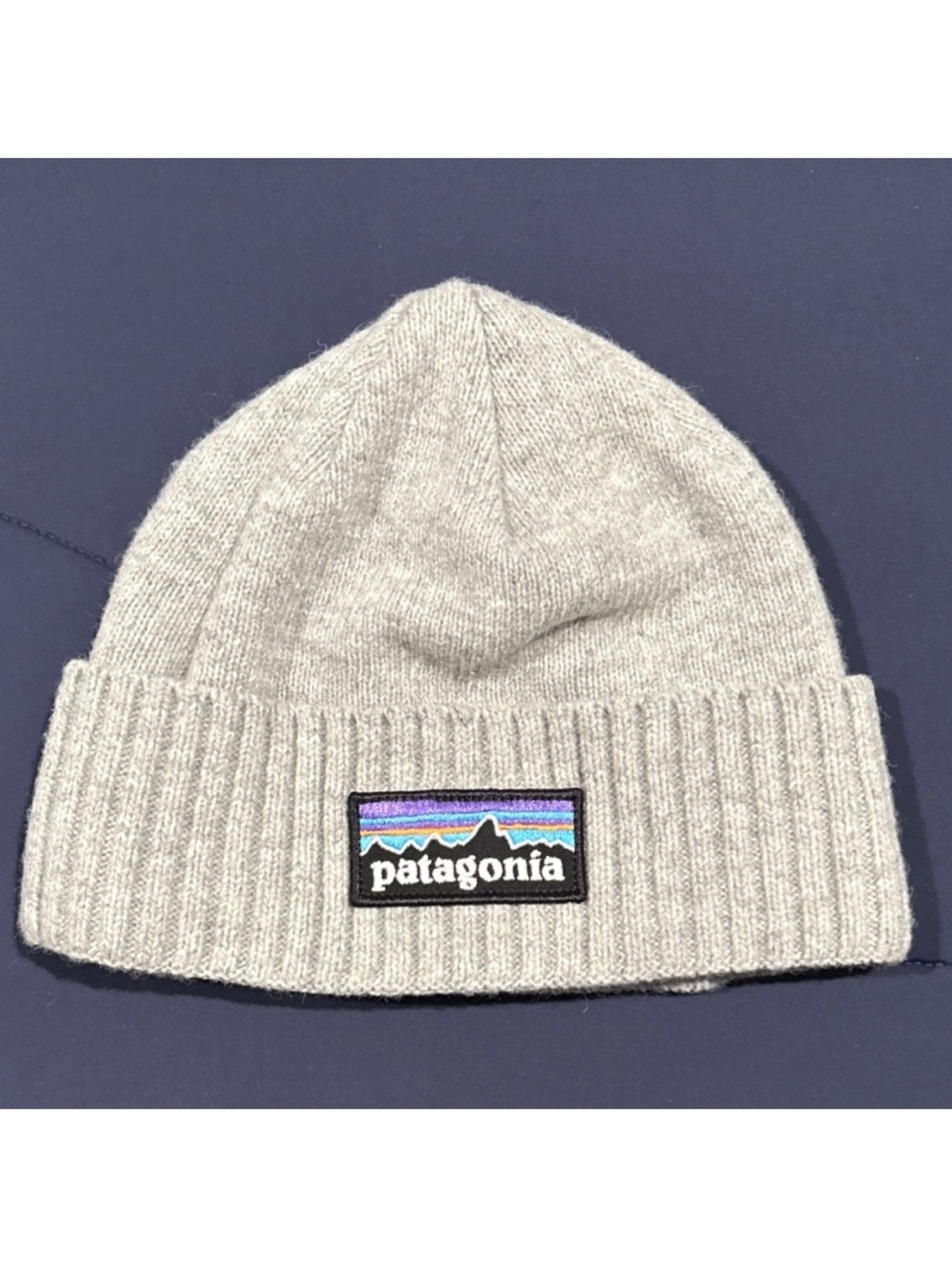 Patagonia Light Gray Ribbed Cuffed Beanie with Mountain Patch